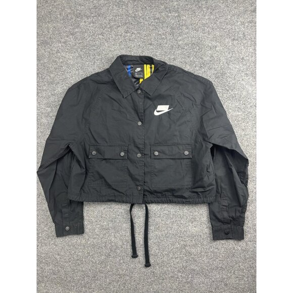 Nike Jacket Womens Small Black Cropped Coach Windbreaker Swoosh Drawstring Snap - Picture 1 of 6
